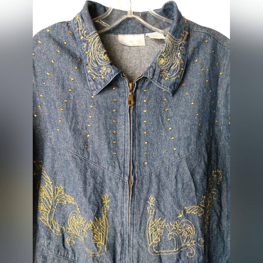 Blair Denim Jean Jacket Shacket Zip Front Rhinestones & Embroidered Size Large - Picture 3 of 6